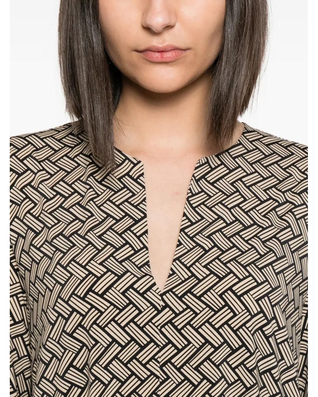 Siyu Brown Geometric-Pattern V-Neck Blouse