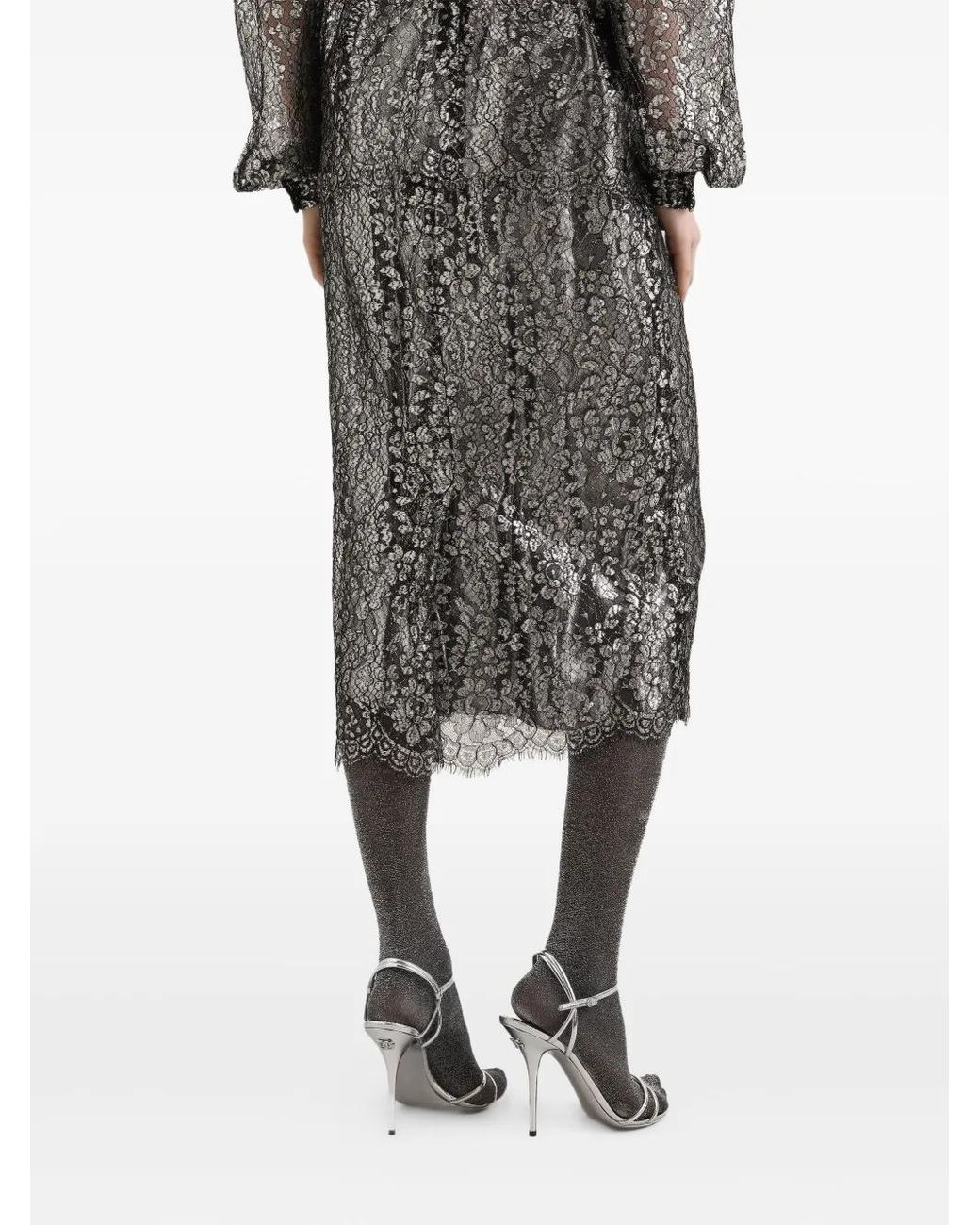 Dolce & Gabbana Gray Lamé Lace Midi Skirt