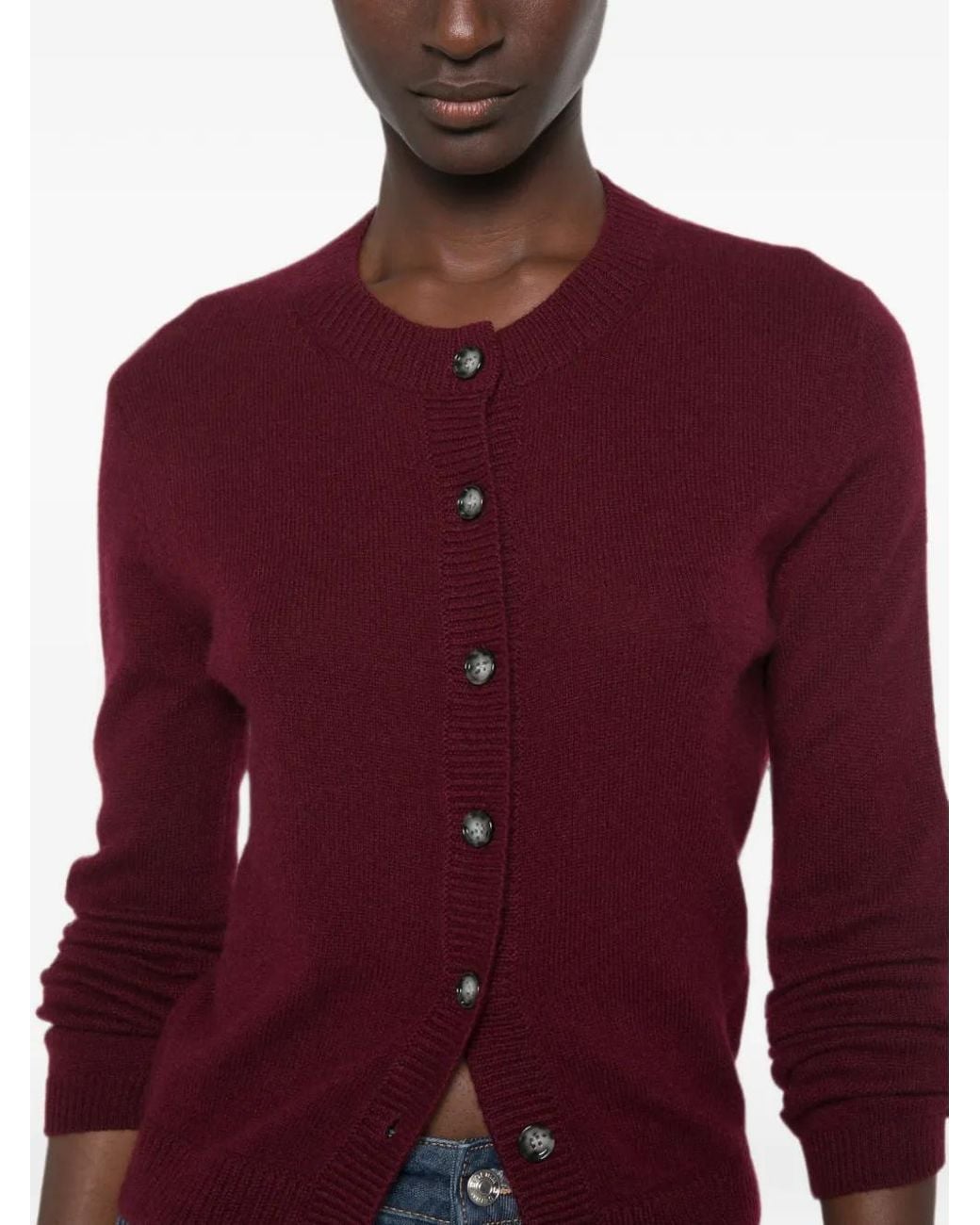 Allude Red Button-Up Ribbed-Trim Cardigan