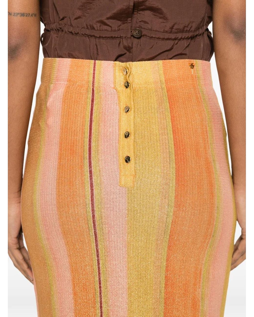 Agua de Coco Orange Striped Metallic-Effect Maxi Skirt