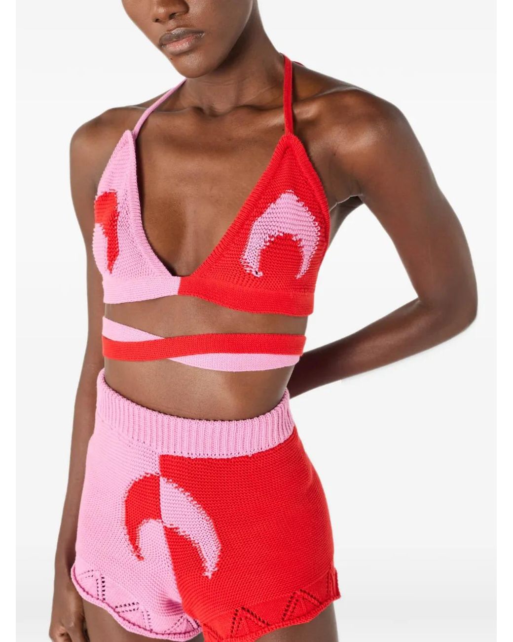 MARINE SERRE Red Crochet Knit Moon Mini Shorts; Fitted High-Waisted Mini Crochet Knit Shorts
