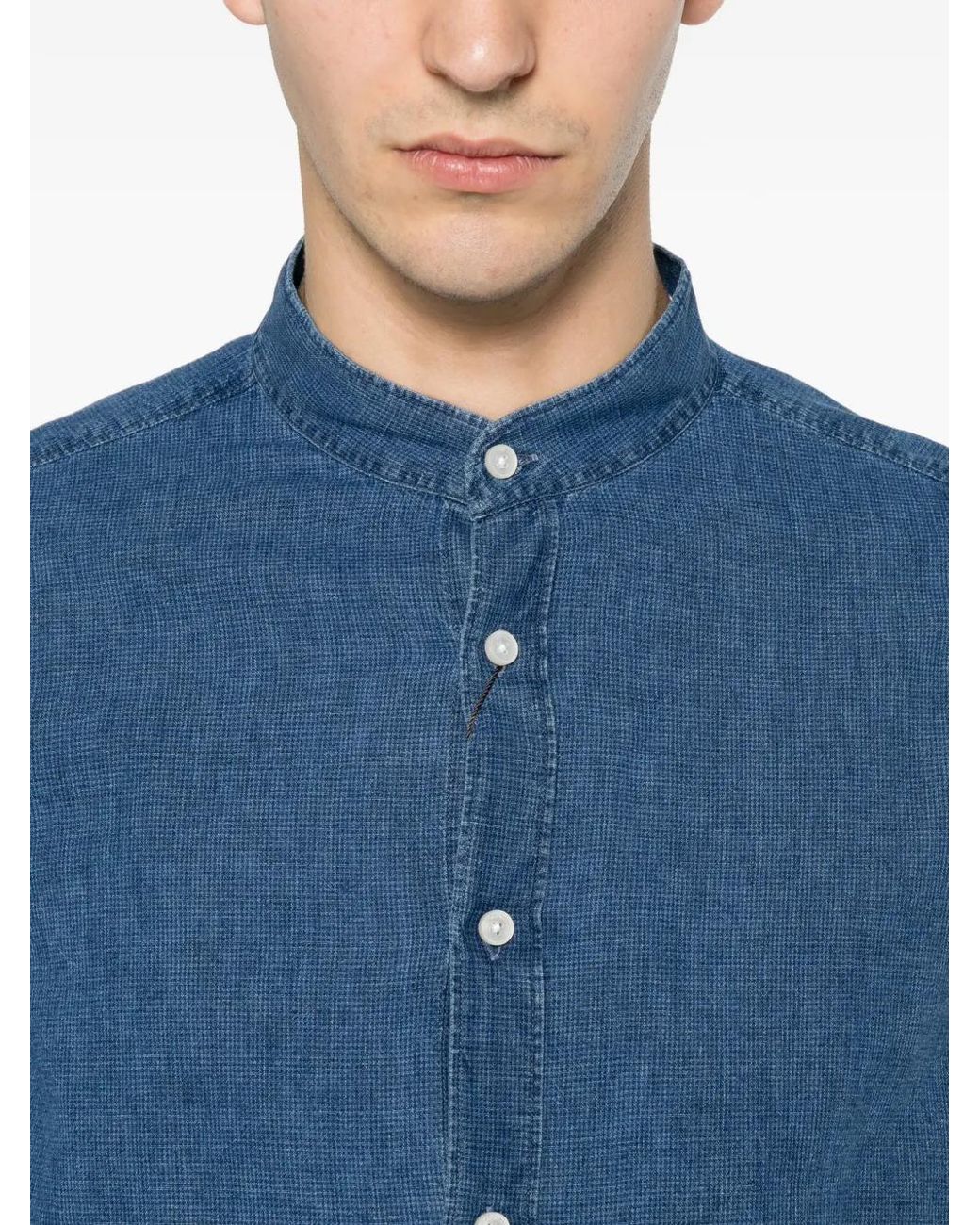 Glanshirt Blue Band-Collar Long-Sleeve Shirt for men