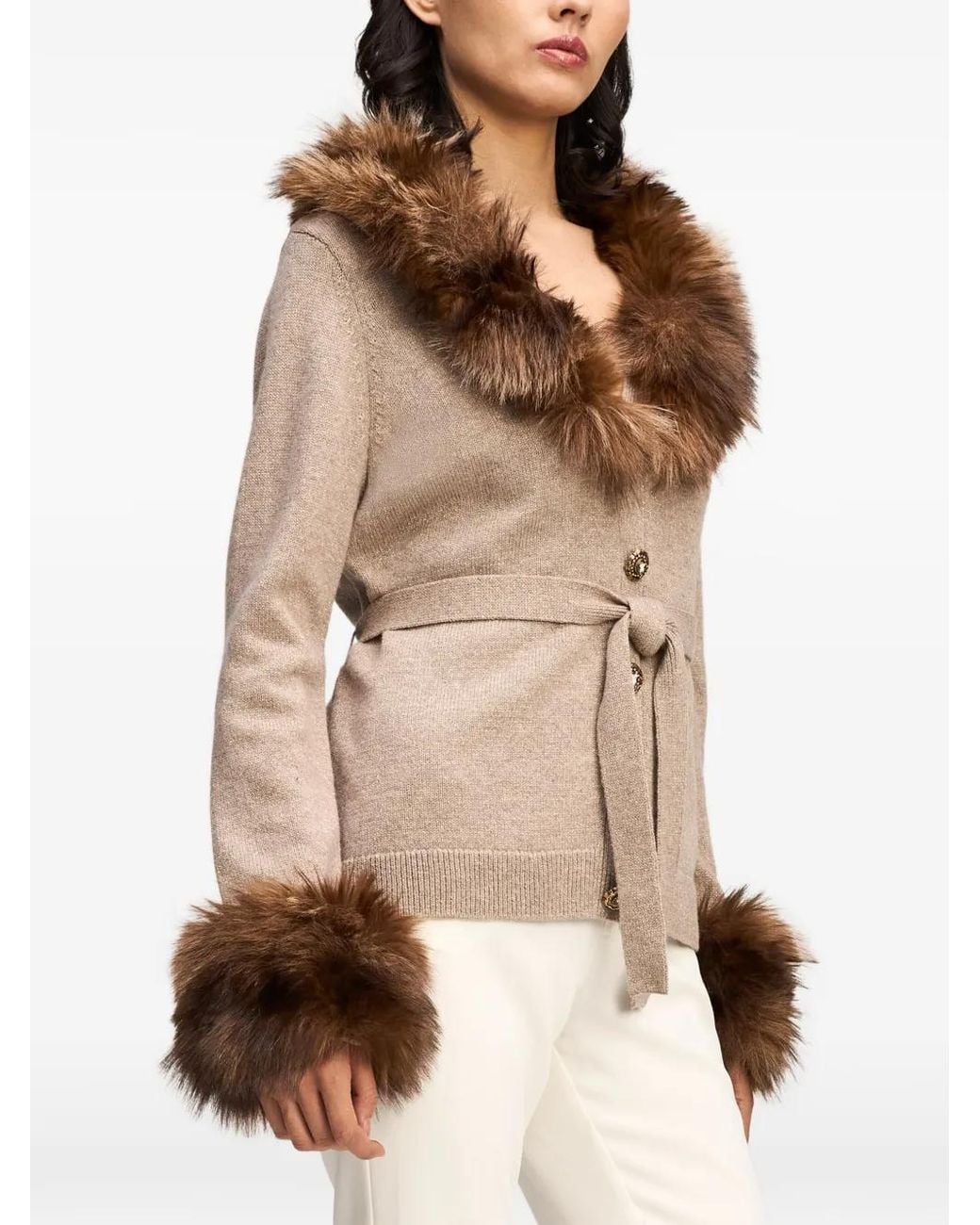 Cinq À Sept Brown Sandy Faux-Fur Trim Cardigan