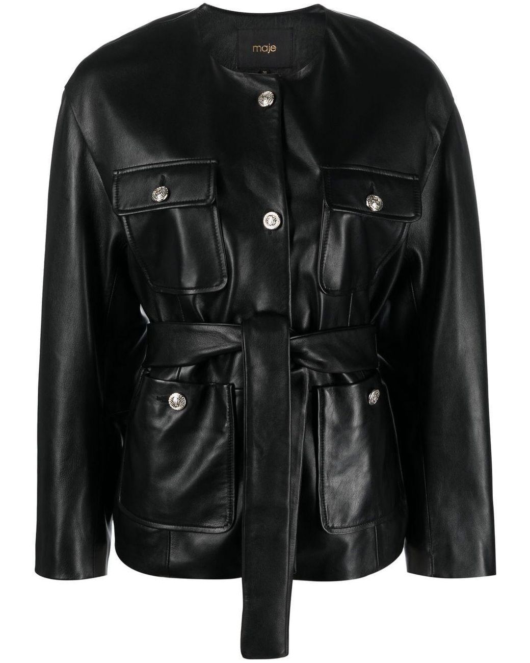 Maje Collarless Leather Jacket in Black | Lyst