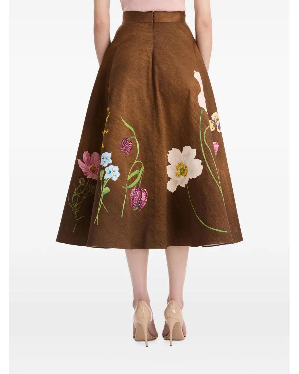 Oscar de la Renta Brown Botanical-Print Midi Skirt