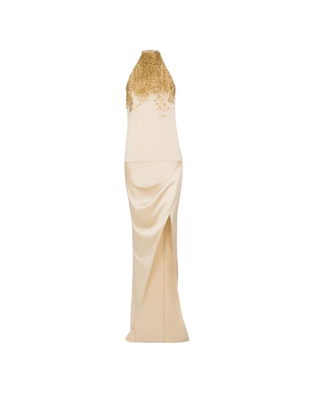Balmain White Silk Halterneck Dress With Sand Effect Embroidery