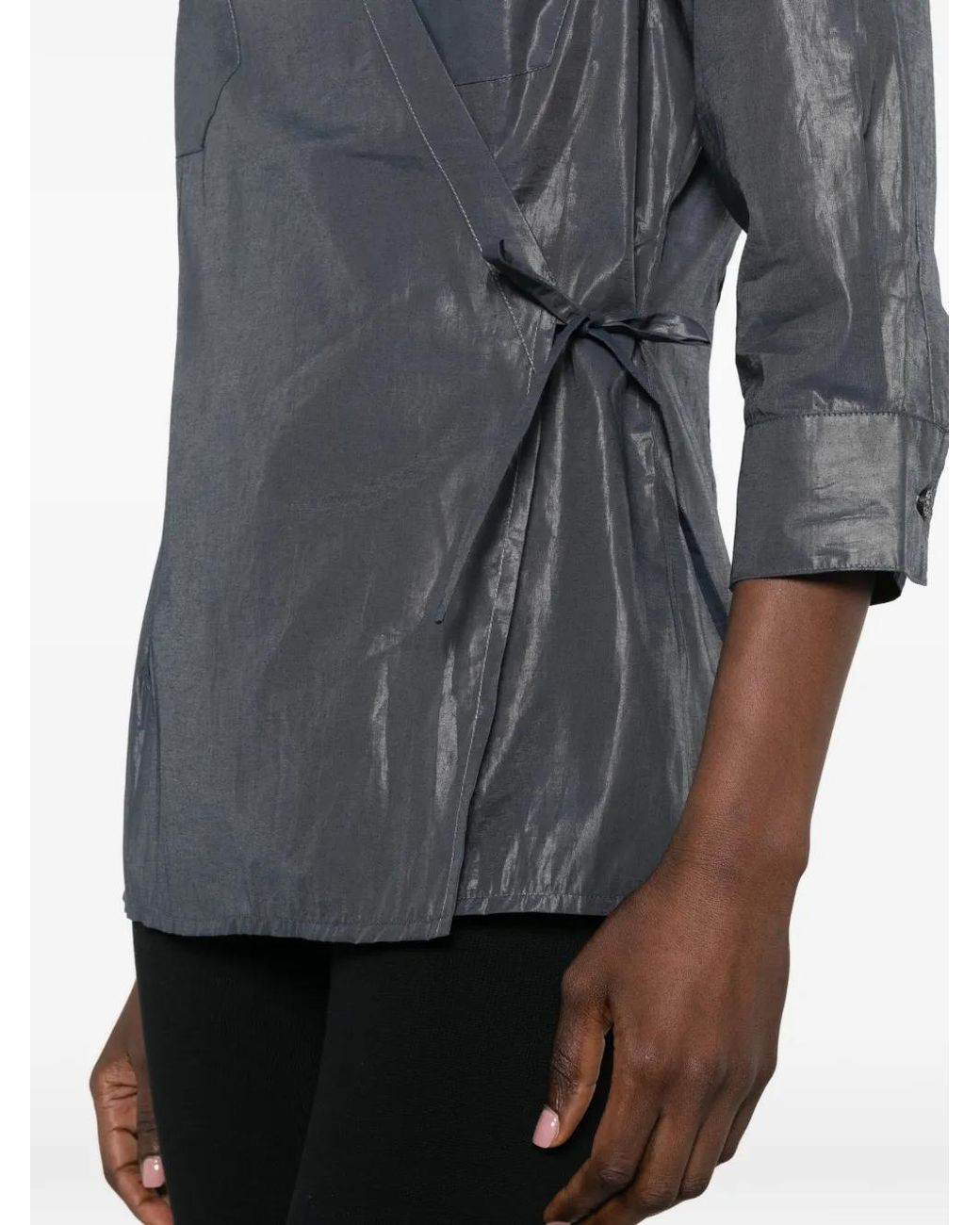 Paloma Wool Gray Wrap-Style Chest-Pocket Blouse