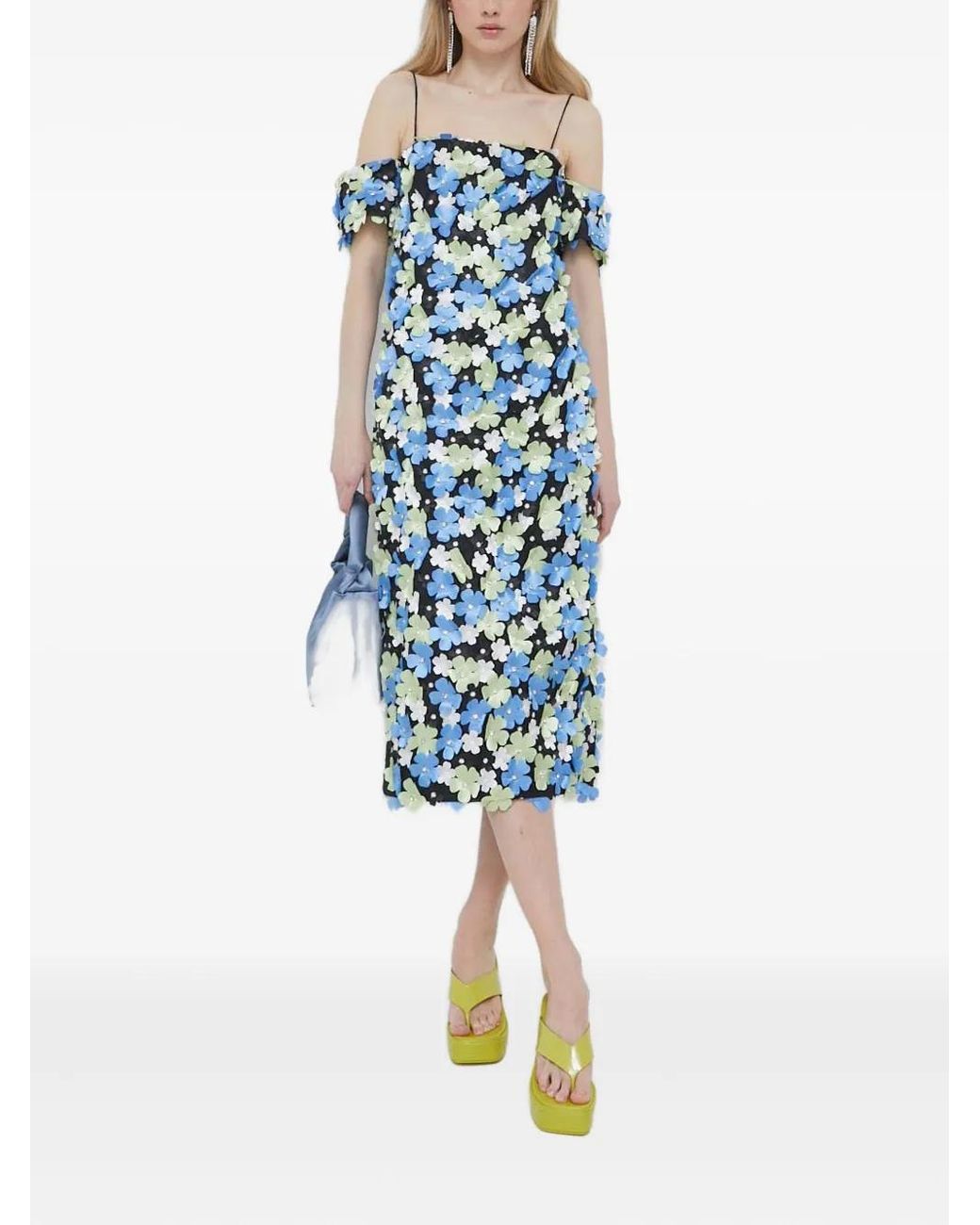 Stine Goya Blue Floral-Embellished Midi Dress