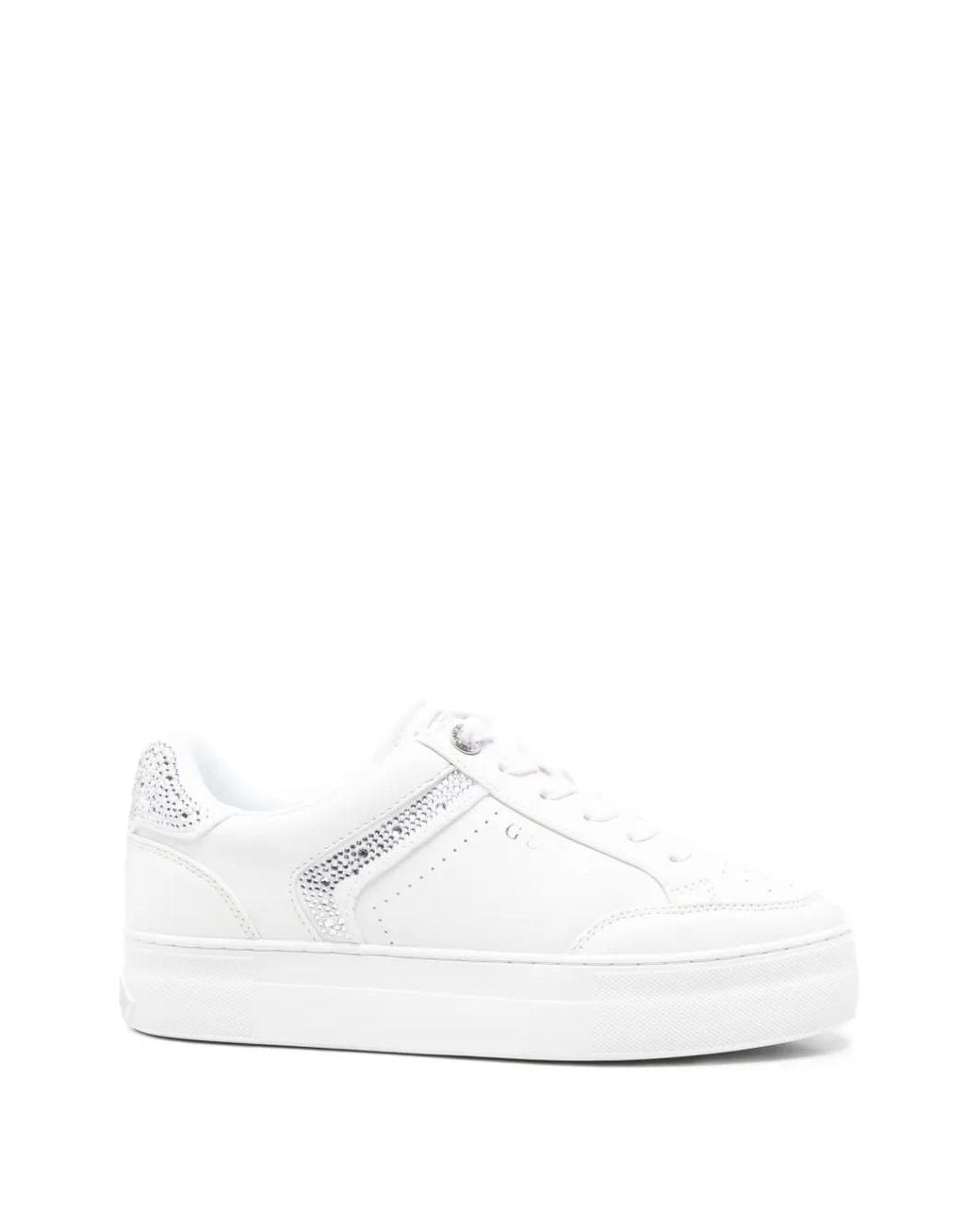 Guess White Rhinestone-Embellished Leather Sneakers