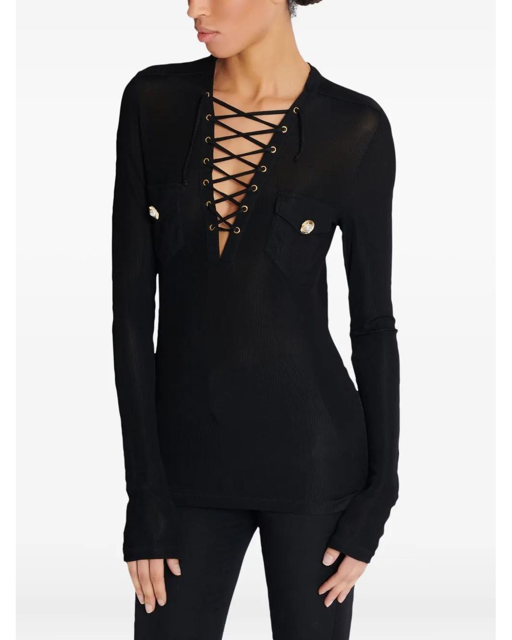 Balmain Black Long-Sleeved Lace-Up Top