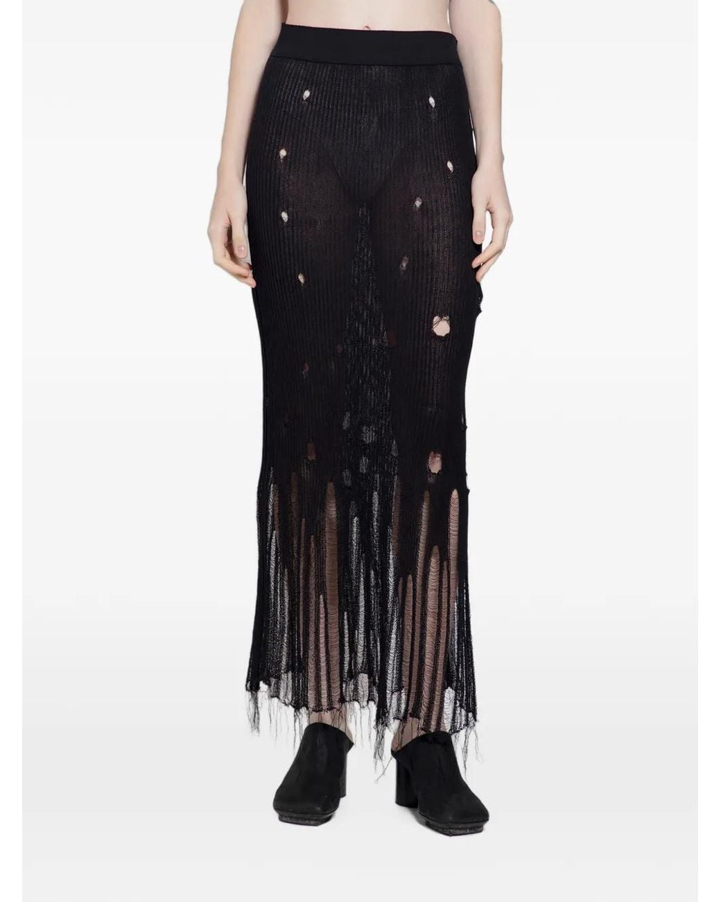 Uma Wang Black Shredded Ribbed-Knit Midi Skirt