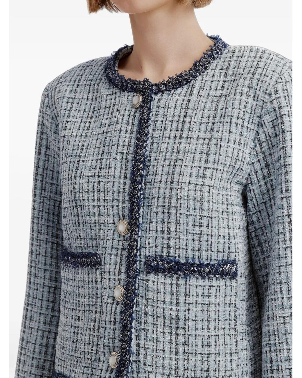B+ AB Blue Tweed-Effect Braided-Trim Jacket