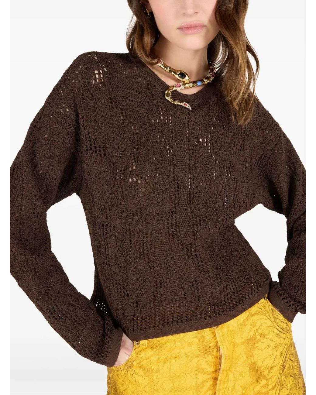 Roberto Cavalli Brown Crochet-Effect Sweater