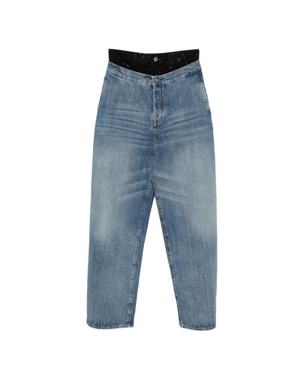 The Attico Blue Rhinestone-Embellished Layered-Waistband Jeans