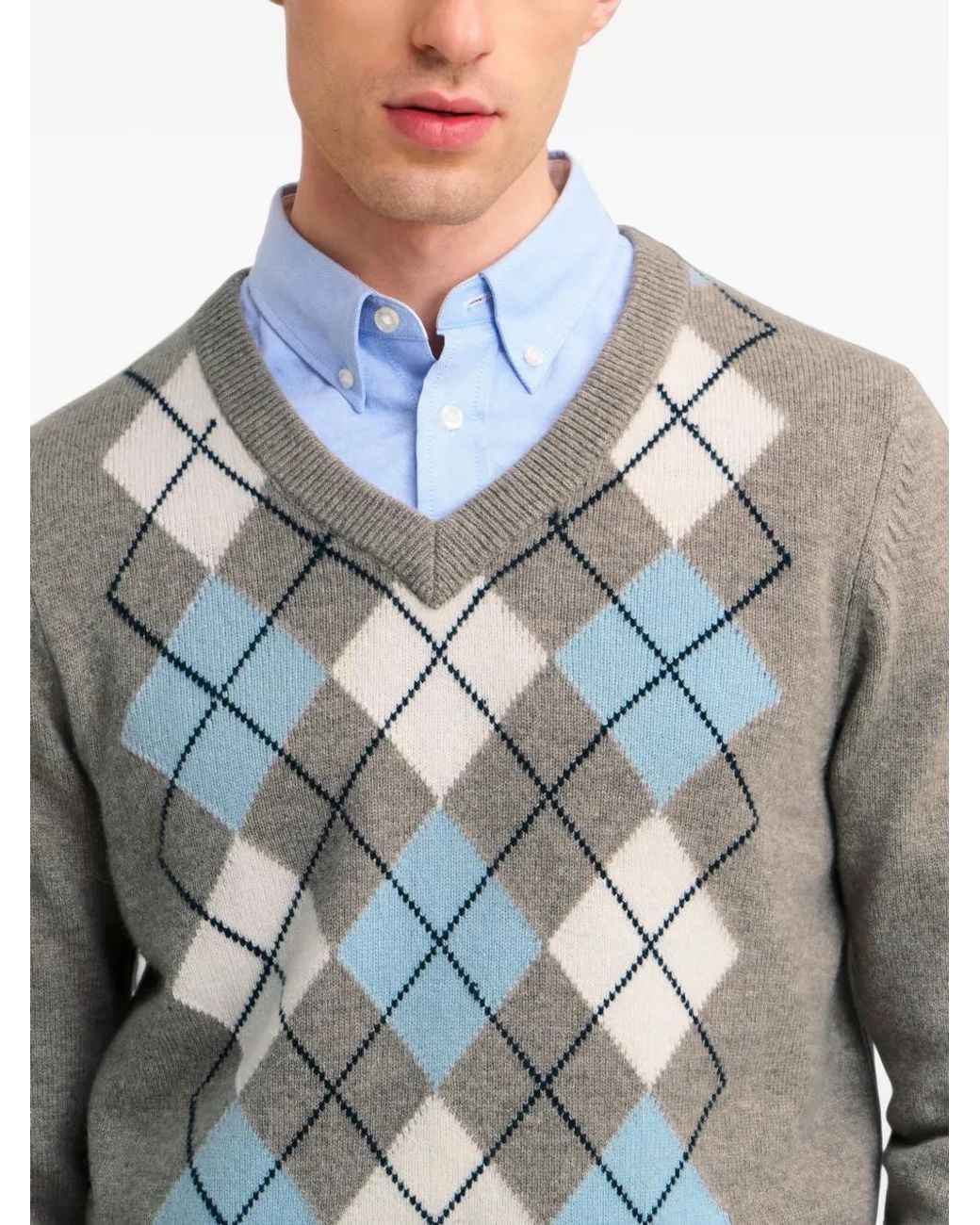 Pringle of Scotland Gray Argyle-Pattern V-Neck Sweater for men