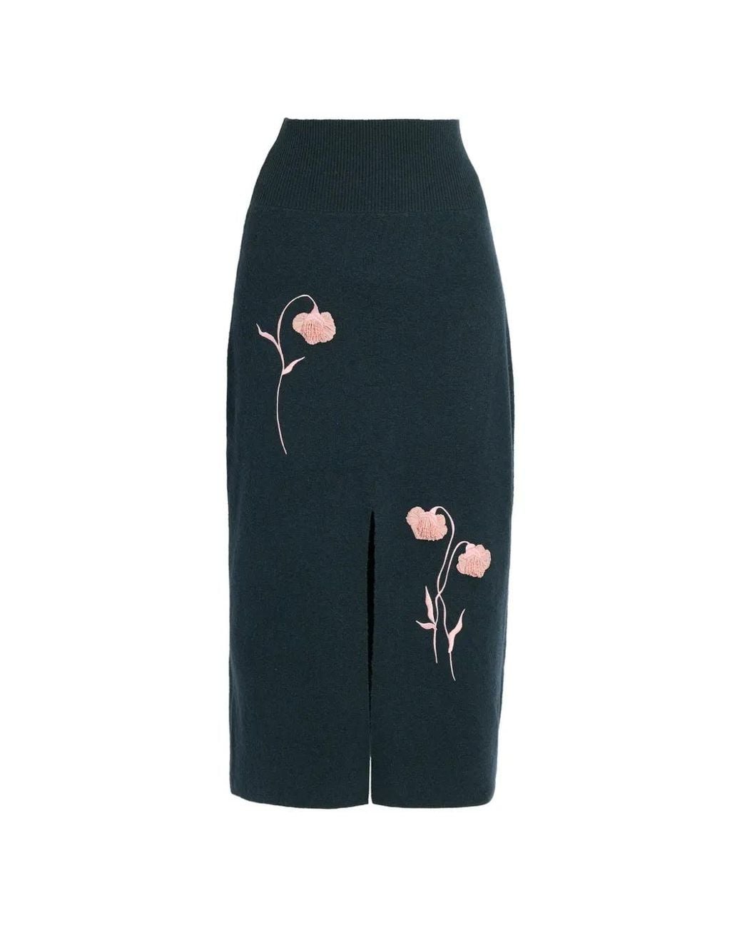 Erdem Blue Embroidered Midi Pencil Knit Skirt