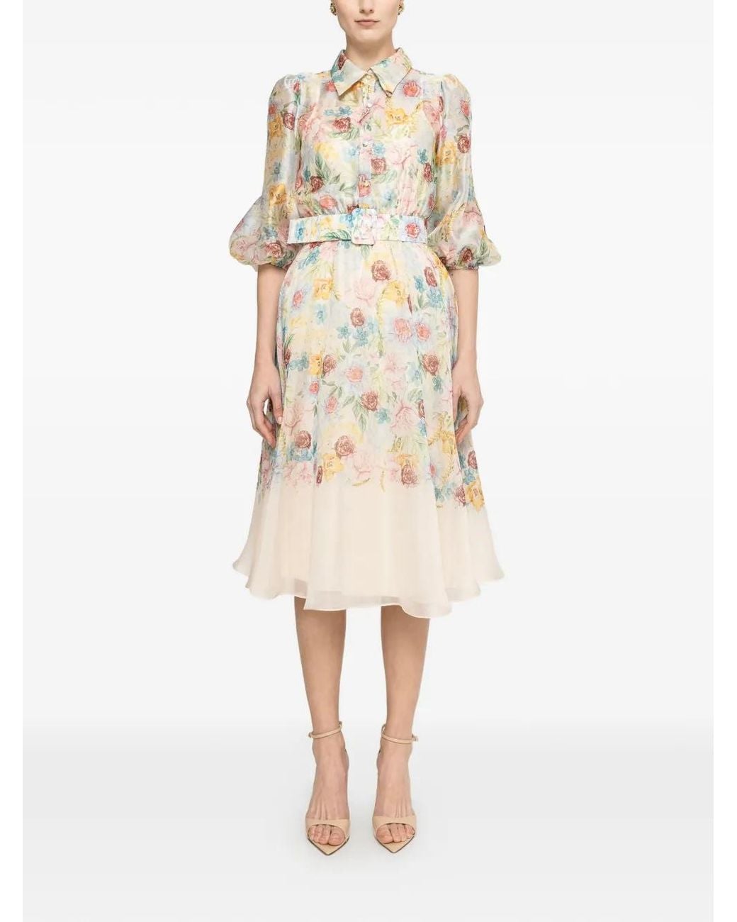 Nissa Natural Printed Organza Midi Dress