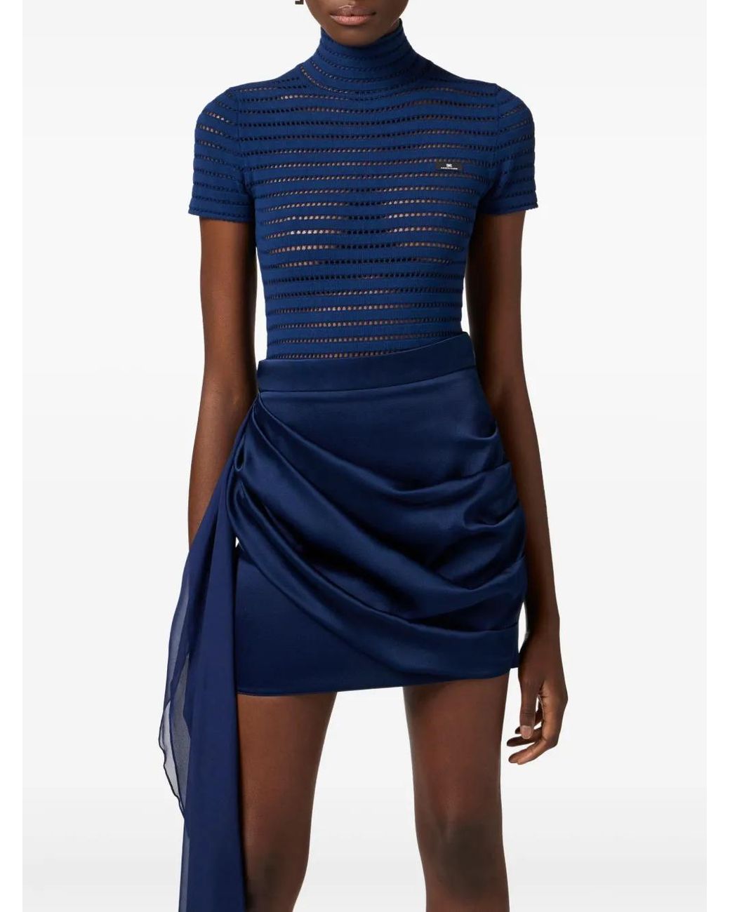 Elisabetta Franchi Blue Knit High Neck Bodysuit