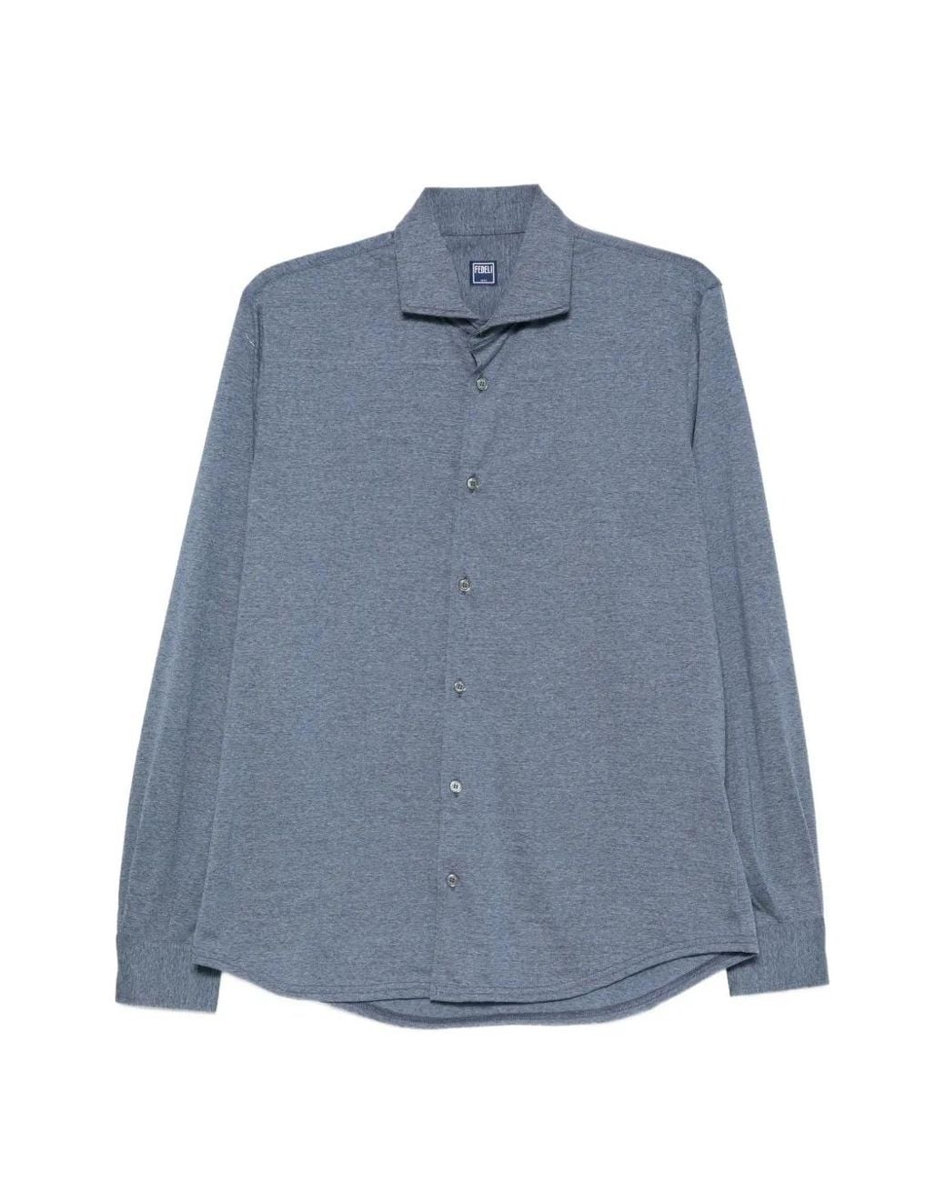 Fedeli Blue Long-Sleeved Wool Shirt for men