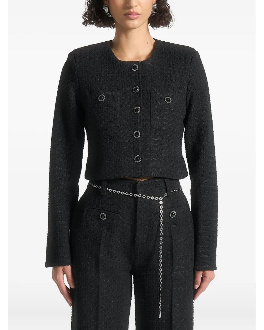 Manière De Voir Black Celine Cropped Tweed Jacket With Pearls