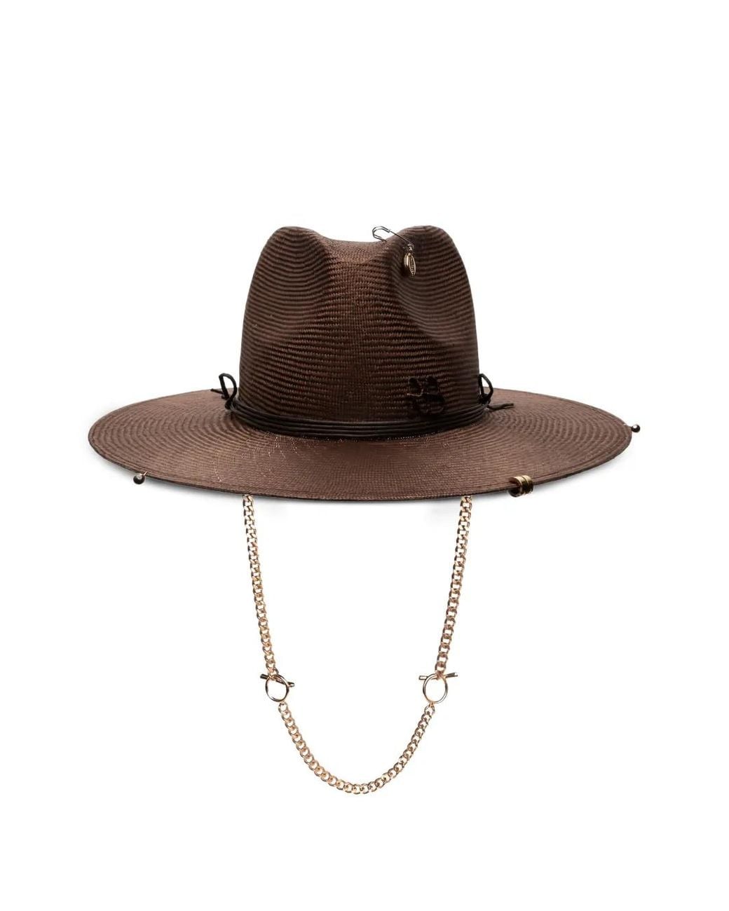 Ruslan Baginskiy Brown Chain-Strap Straw Fedora Hat