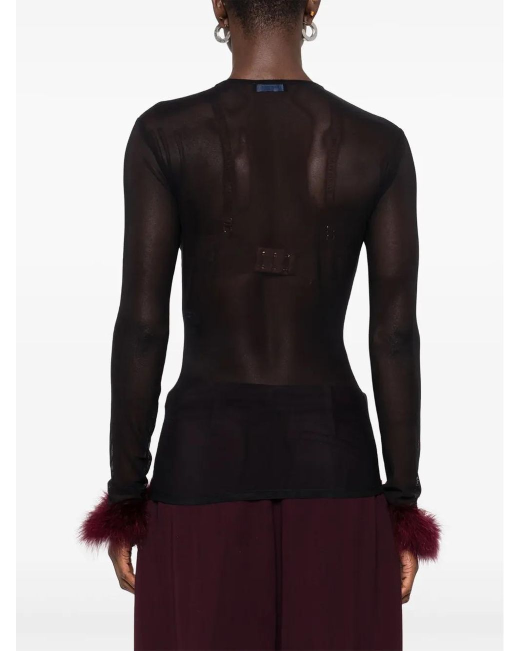 Mugler Black Mesh-Panel Feather-Cuff Top