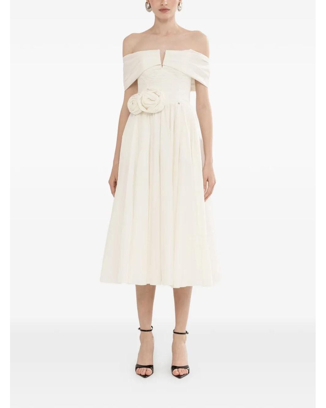 Nissa White Off-Shoulders Taffeta Midi Dress