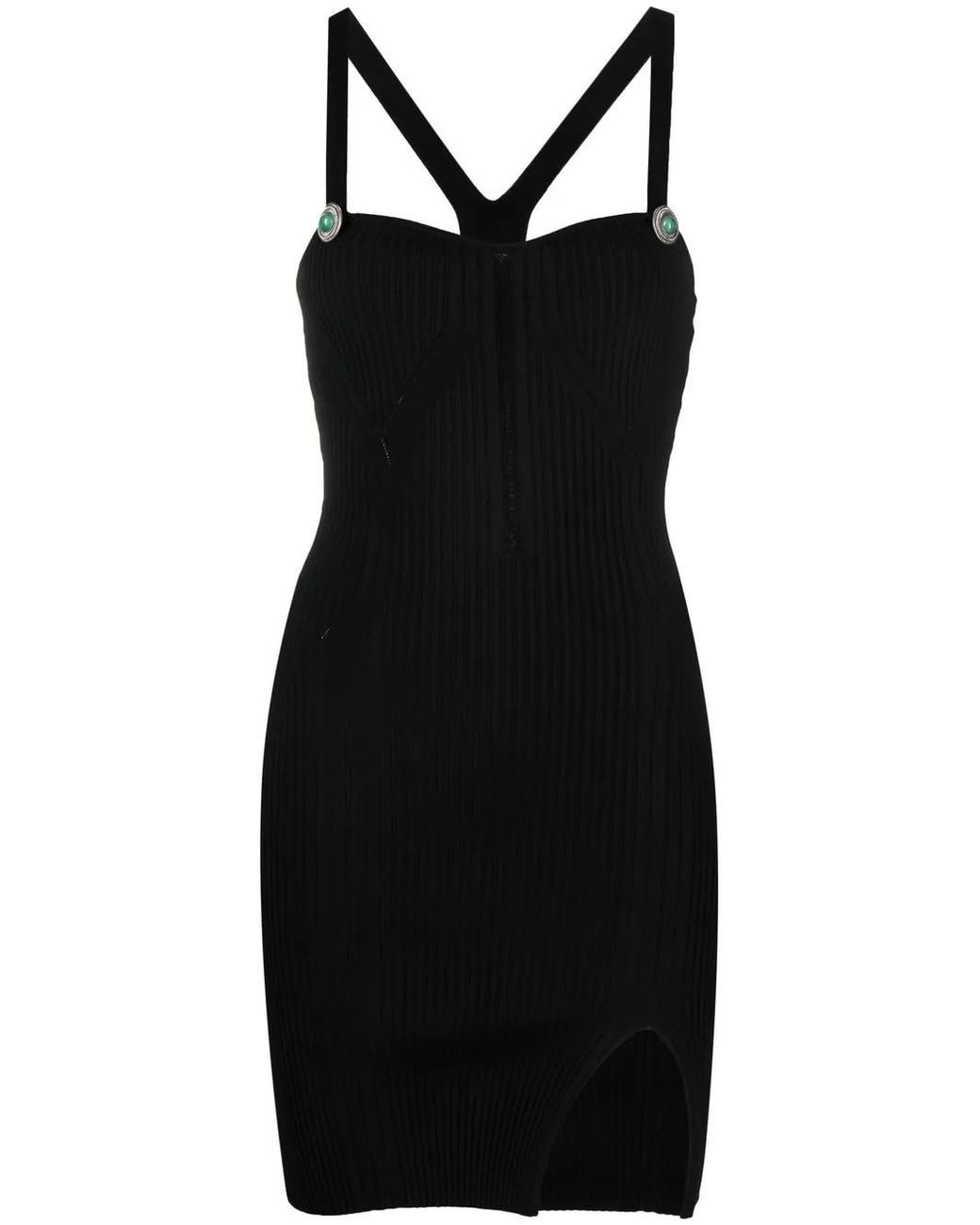 Roberto Cavalli Black Ribbed-Knit Button-Detail Mini Dress