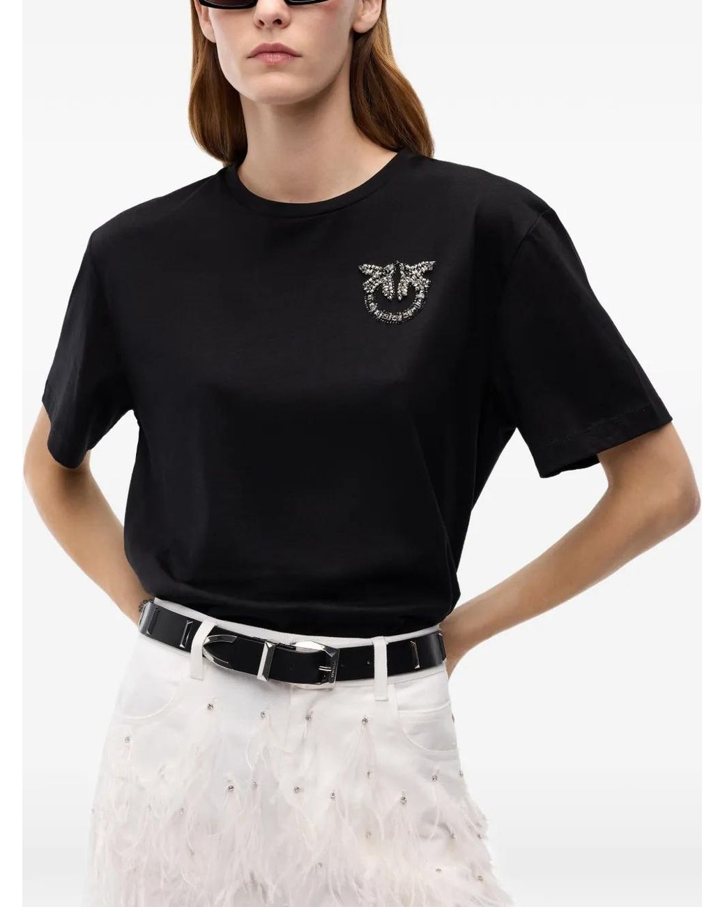 Pinko Black T-Shirt With Love Birds Jewel Detail