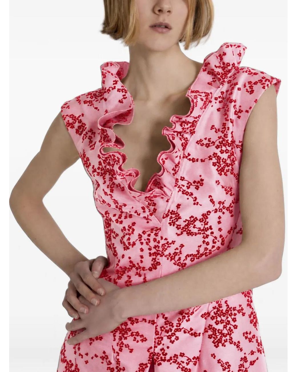 Alberta Ferretti Pink Floral-Print Ruffled Midi Dress