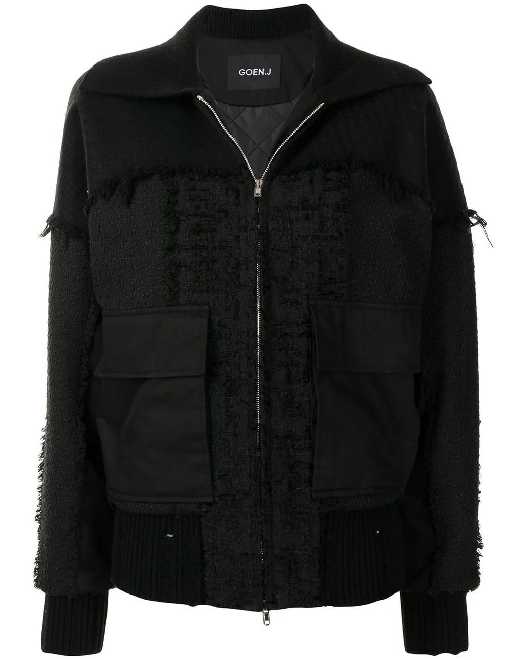 Goen.J Black Frayed Tweed Patchwork Bomber Jacket