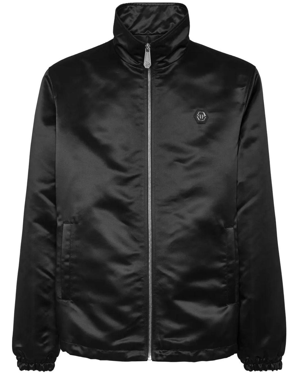 Philipp Plein Black Logo-Appliqué Satin-Finish Windbreaker for men