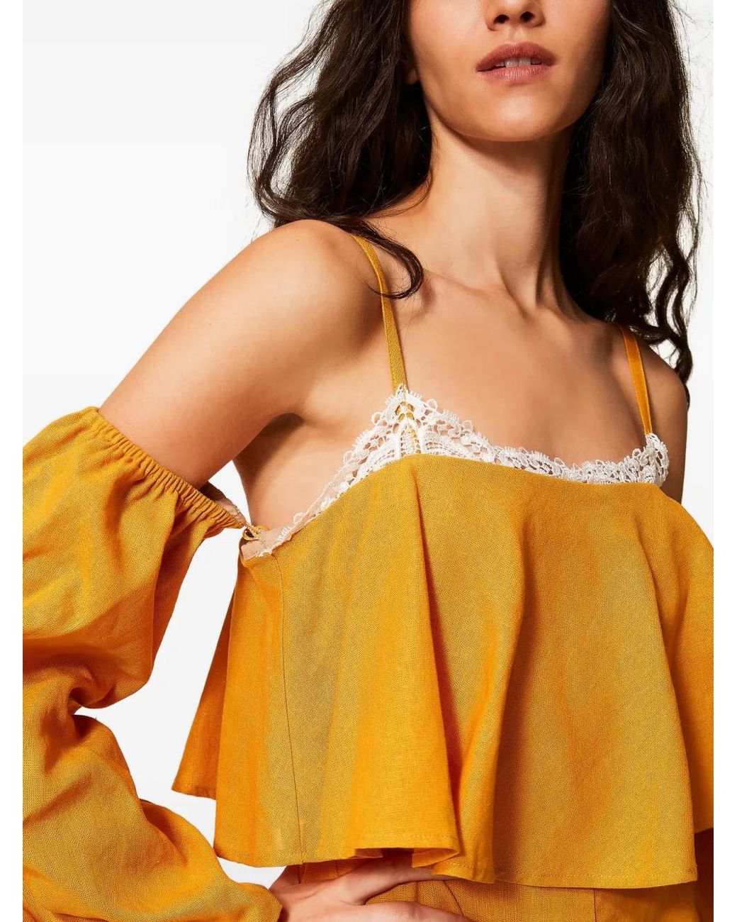 Twinset Orange Linen Blend Short Jumpsuit With Lace