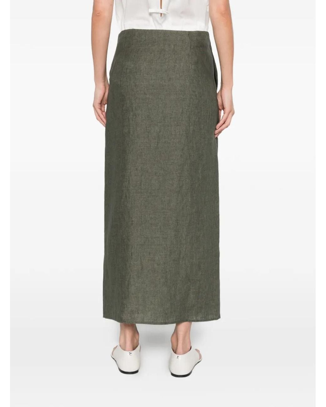 Herno Green Long Yarn-Dyed Washed-Effect Linen Wrap Skirt With Logo Plate