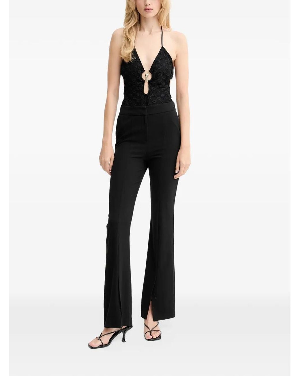 Bardot Black Floral-Embroidery Cutout Halter-Neck Bodysuit