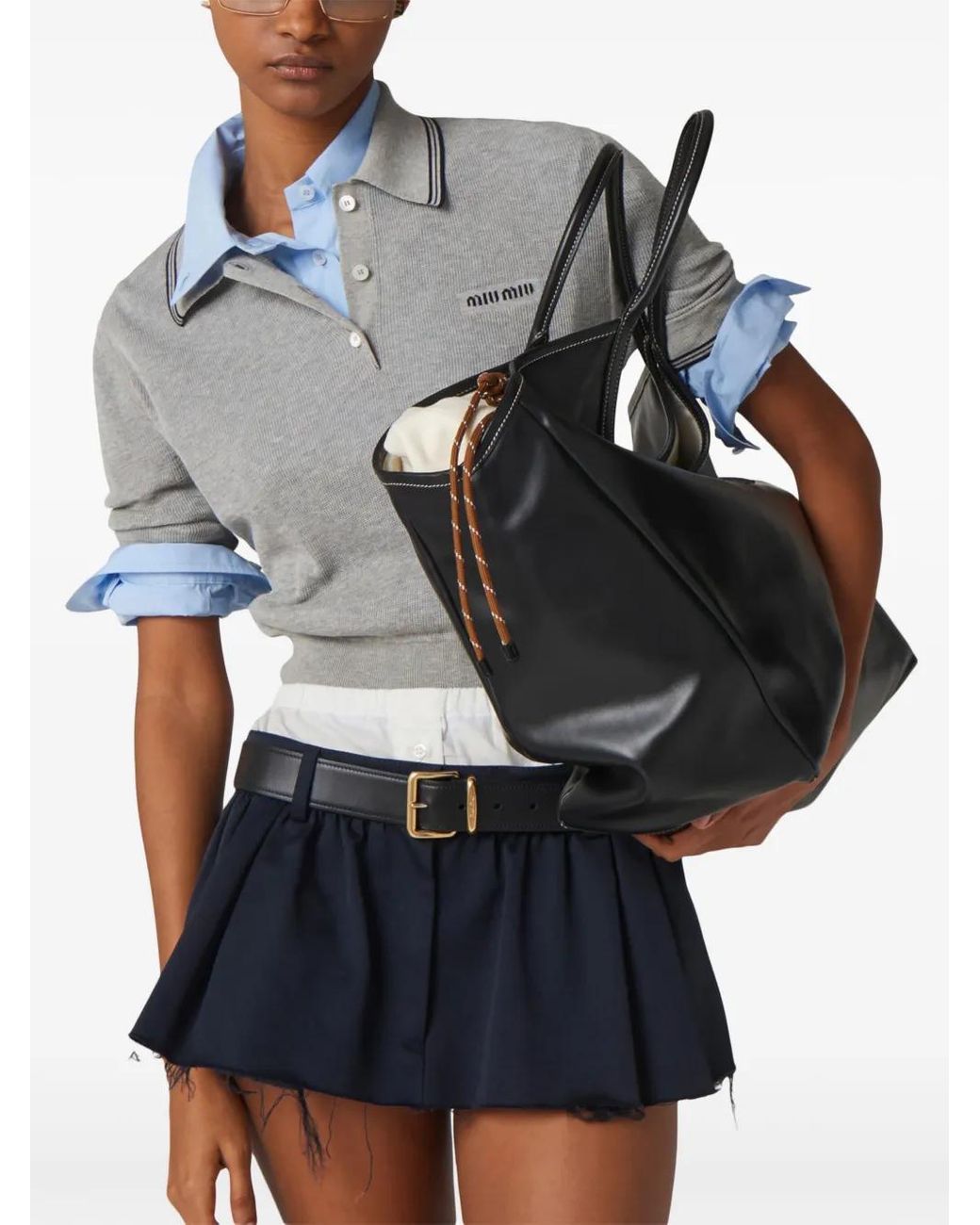 Miu Miu Gray Stripe-Detail Polo Top