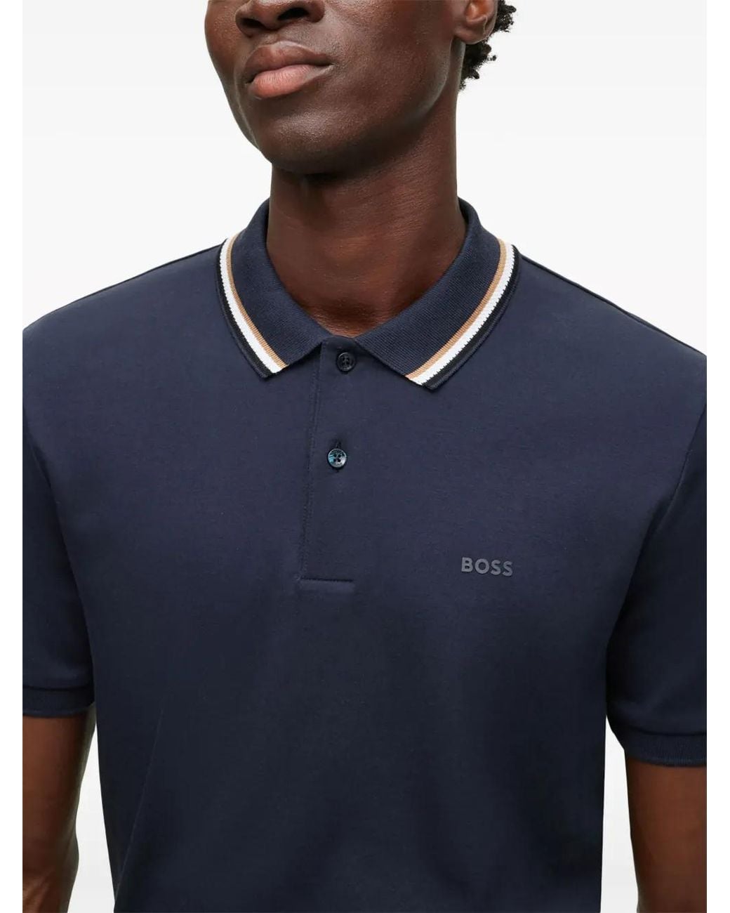 Boss Blue Slim-Fit Cotton Polo Shirt With Striped Collar for men