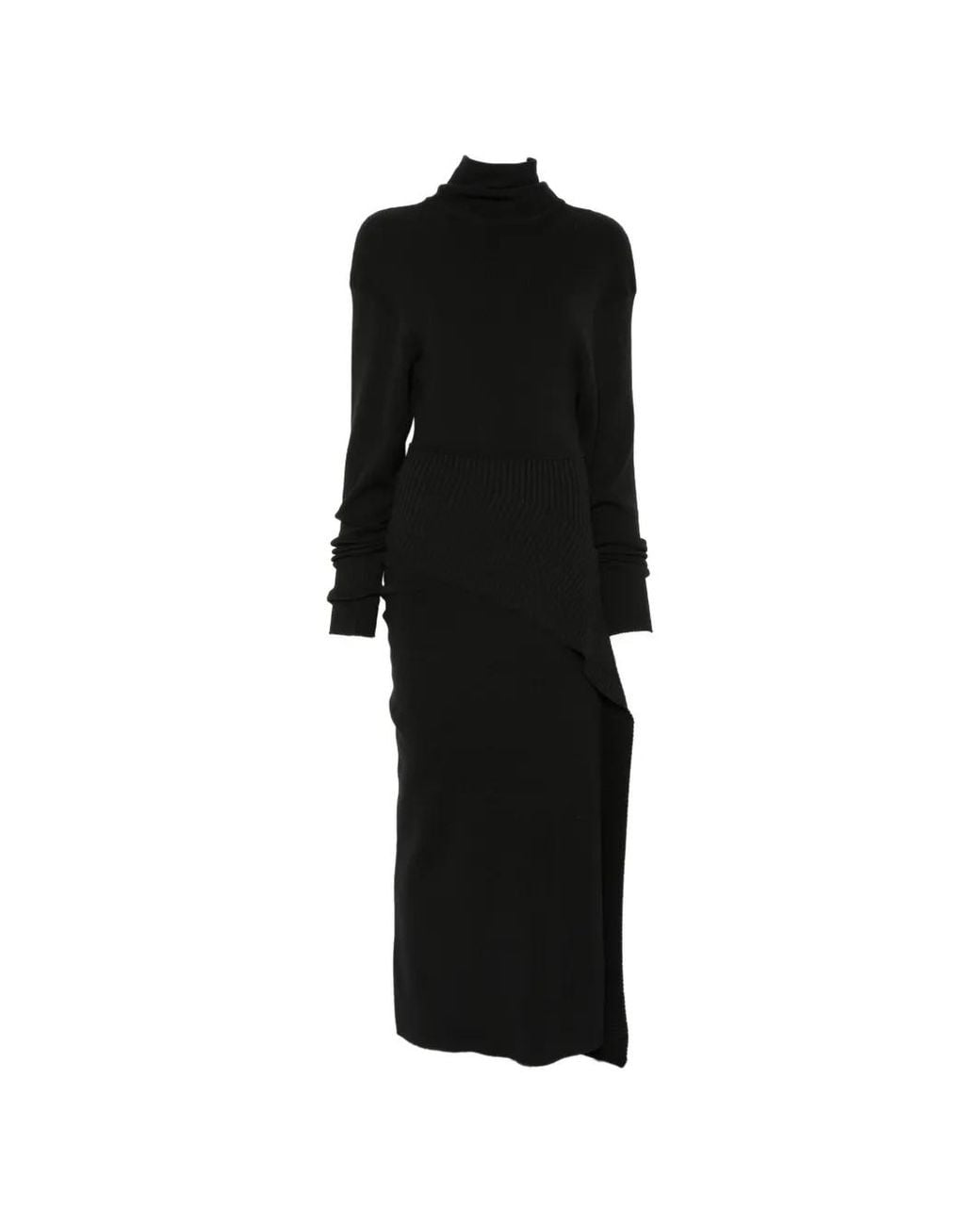 Lanvin Black Asymmetrical Ribbed Knit Midi Dress