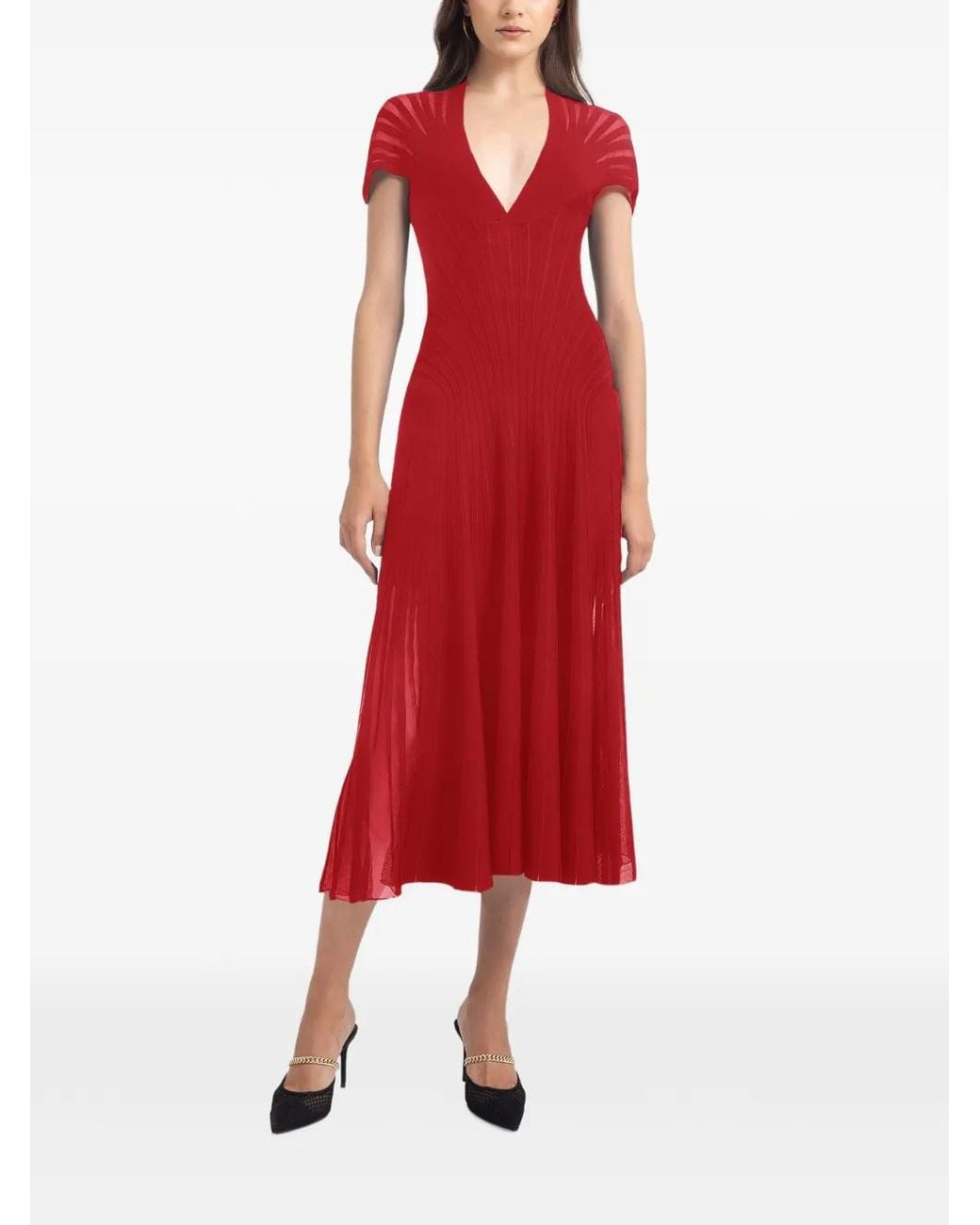 Gemy Maalouf Red Ribbed-Knit Panelled Dress