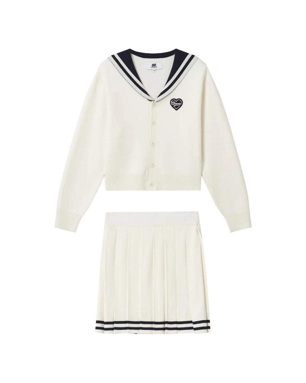Chocoolate White Ensemble Cardigan-Jupe Plissée À Col Marin