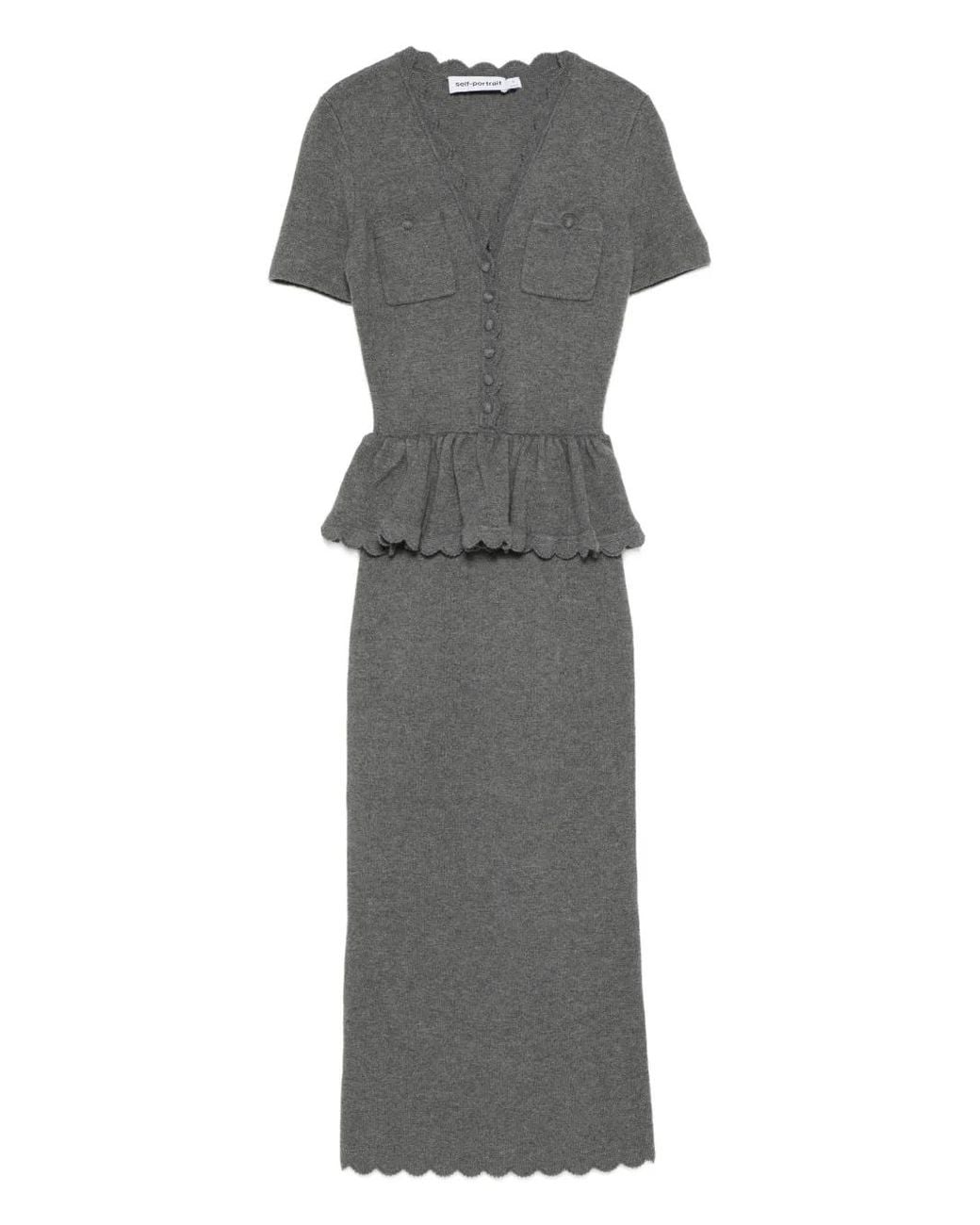 Self-Portrait Gray Pocket Peplum Midi Dress