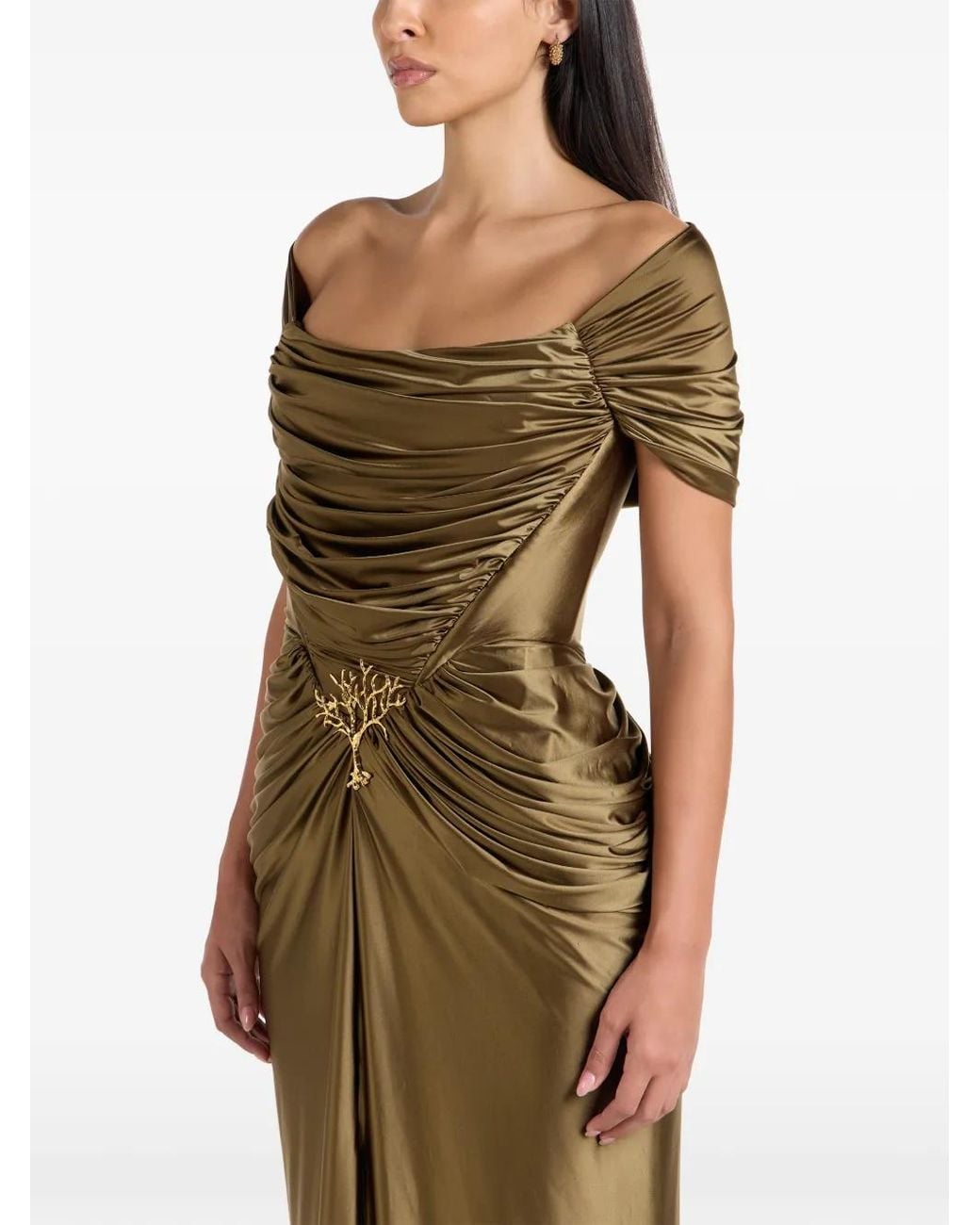 Rhea Costa Green Robe Froncée Lorene À Détail De Broche
