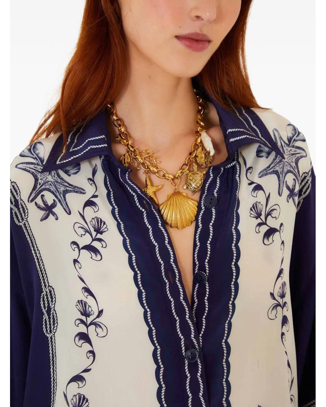 Farm Rio Blue Shirt With Coast Scarf Print