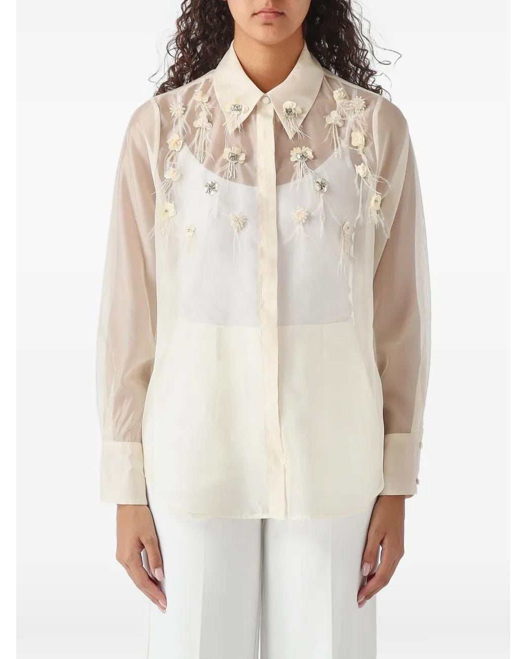 Nenette White Fringed Floral-Embellished Sheer Shirt