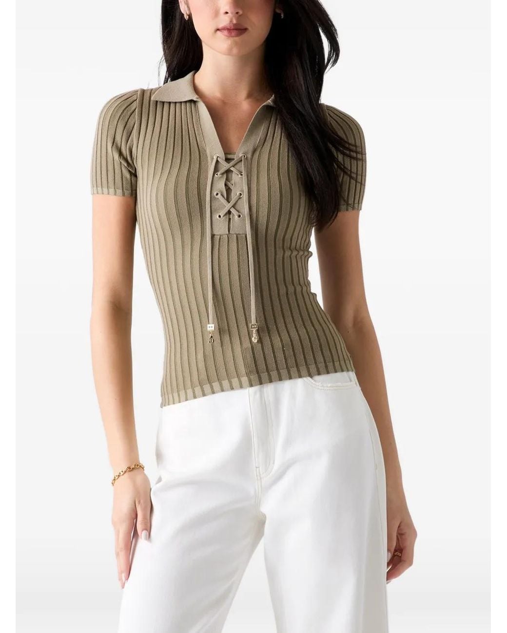 Guess Green Lace-Up Polo Top
