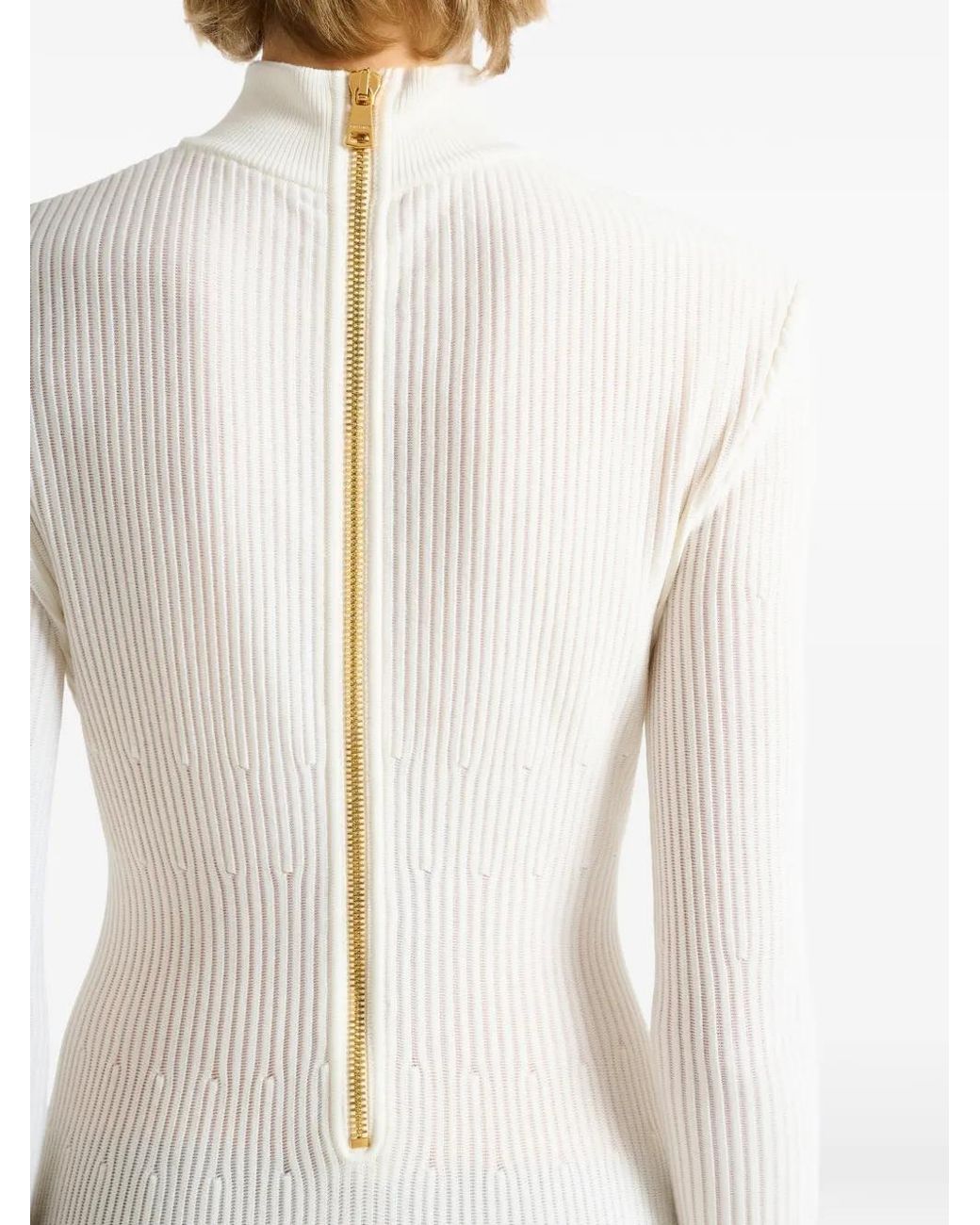 Balmain White Long Ribbed Knit Dress