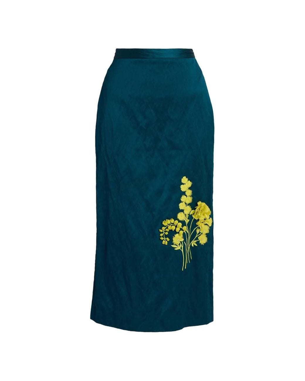 Erdem Blue Embroidered Textured-Satin Midi Skirt
