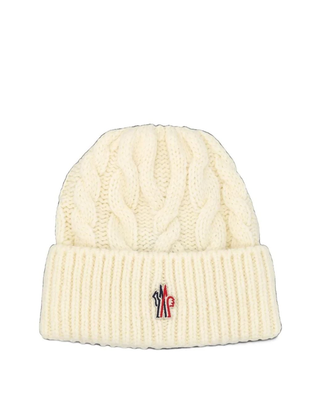 Moncler Natural Cable-Knit Logo-Patch Beanie Hat