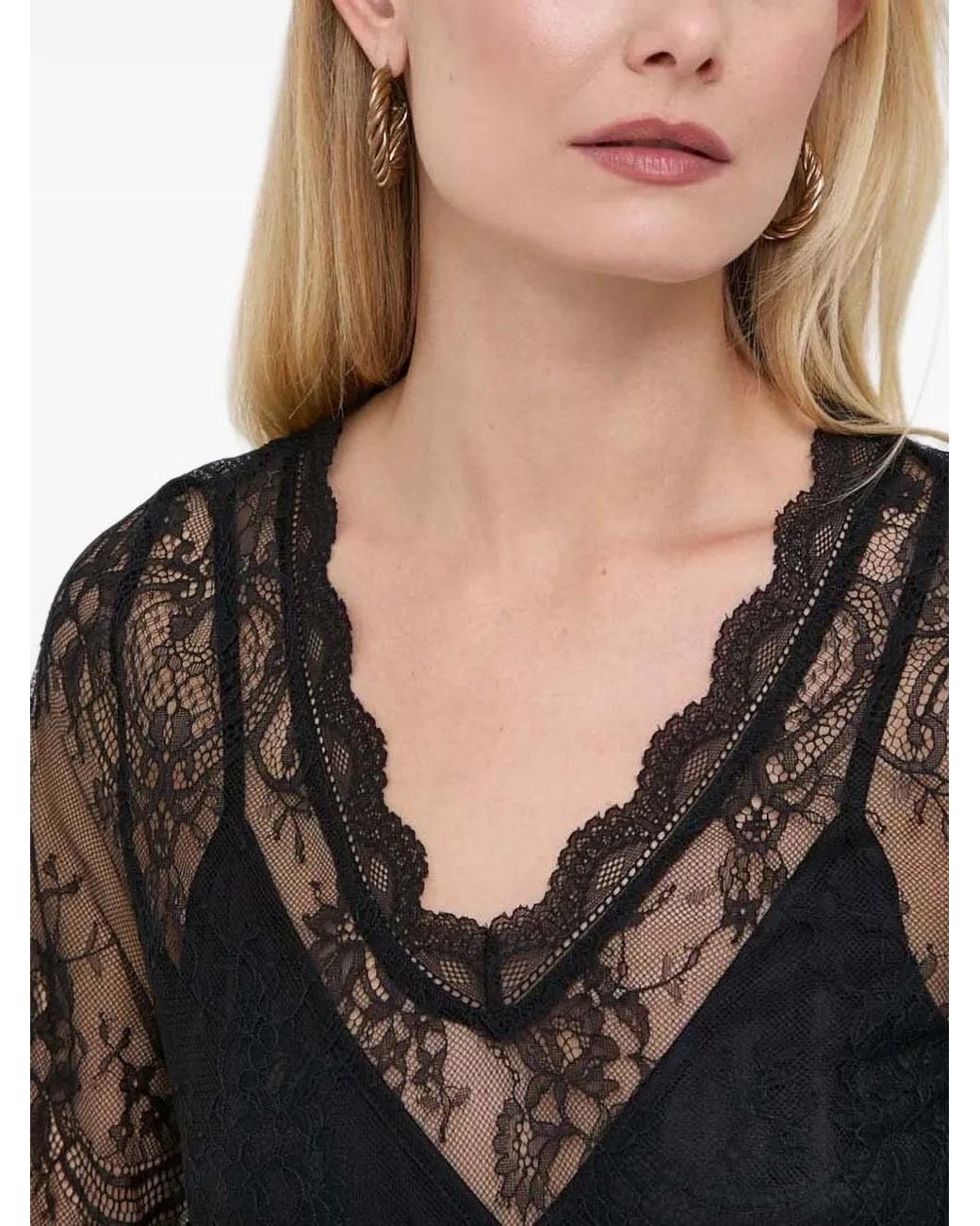 Morgan Black Lace-Overlay V-Neck Top