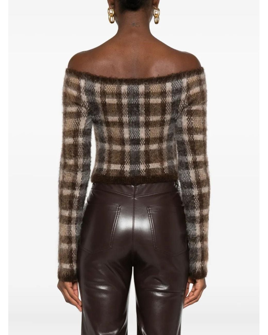 Nanushka Brown Off-Shoulder Check Cardigan